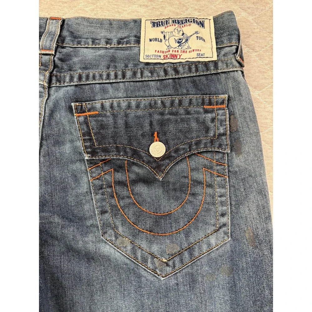 True Religion Jeans Mens 38 Blue Skinny Flap Pockets Horseshoe Stitching Denim